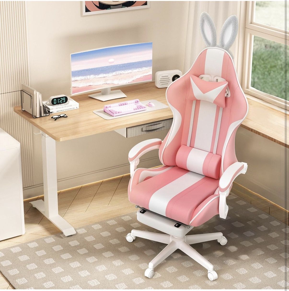 Pink Ergonomic Reclining Gaming Chair w/ Rabbit bunny Ears