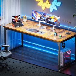 63 Inches Large Computer Desk for Home Office, Modern Desk for Small Spaces, Writing Desk with Headphone Hooks, Vintage