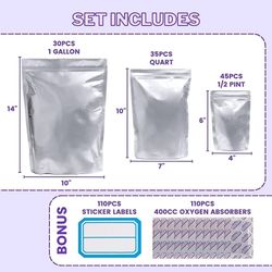 Mylar Bags For Food Storage -110pcs 10 Mil Thick Mylar Bags with Oxygen Absorbers 400cc, Ziplock Bag Assorted Size Variety Gallon, Quart, 1/2 Pint Lab