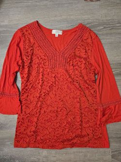 Shannon Ford New York Orange-Red Lace V-Neck Top M