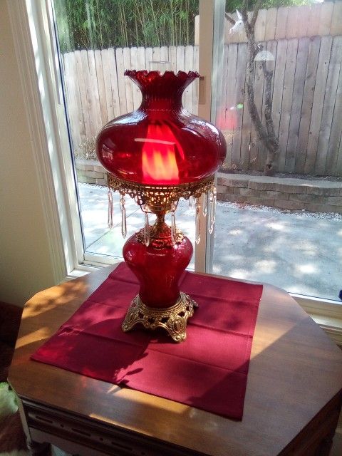 Vintage Large Victorian Hurricane Lamp Rose Red 26-in Tall. Excellent Condition