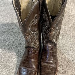 Ladies Ferrini Brown Leather Alligator Square Toe Western Boots Size 8.5