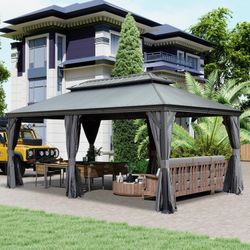 12'x20' Hardtop Gazebo with Resin Roof, Outdoor Metal Gazebo with Drainage Gutters, Permanent Heavy Duty Pavilion for Patio, Backyard and Deck, Curtai