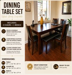 Dinning table set with 4 chairs and a bench