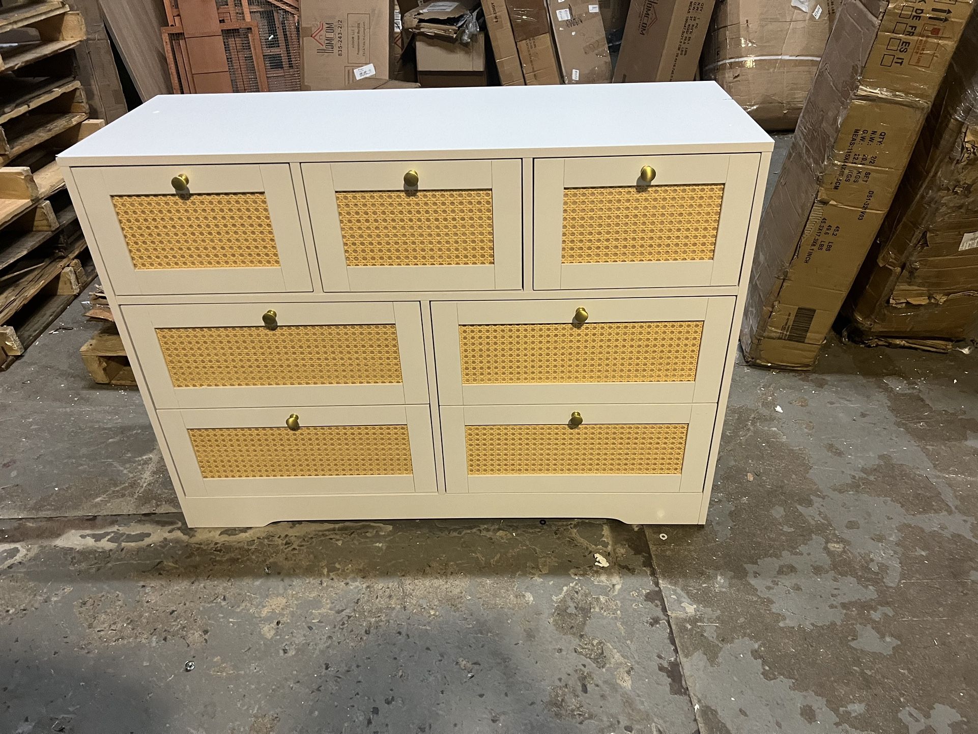White Dresser for Bedroom, Rattan Dresser 7 Drawer Dresser with Gold Handles, Modern Dresser White Chest of Drawers, 7 Drawer Chest for Closet, Bedroo