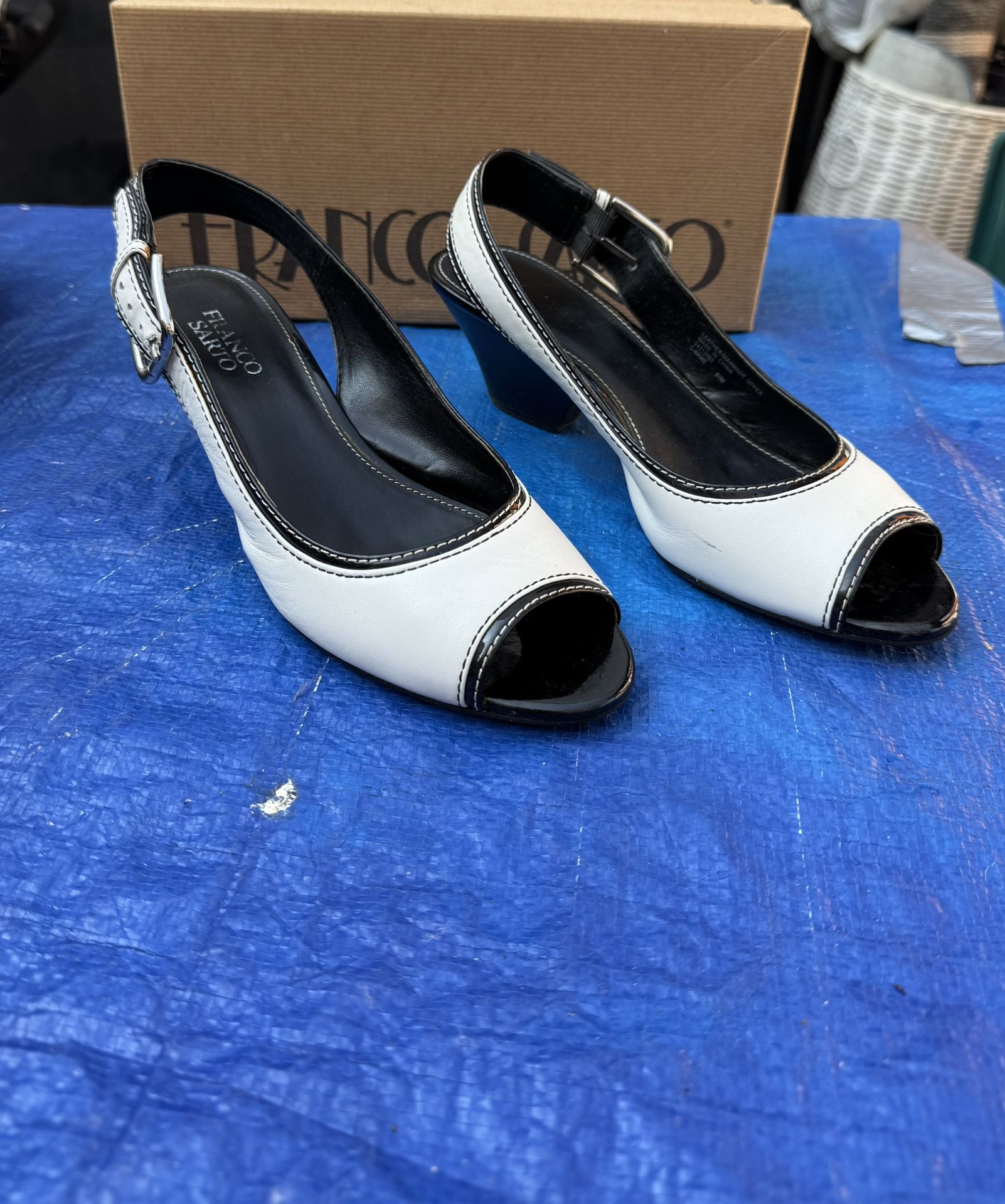Franco Sarto Black and White Peep-Toe Slingback Heels