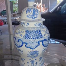 17.5" Ginger Blue & White Chinese Temple Phoenix Dragon Jar