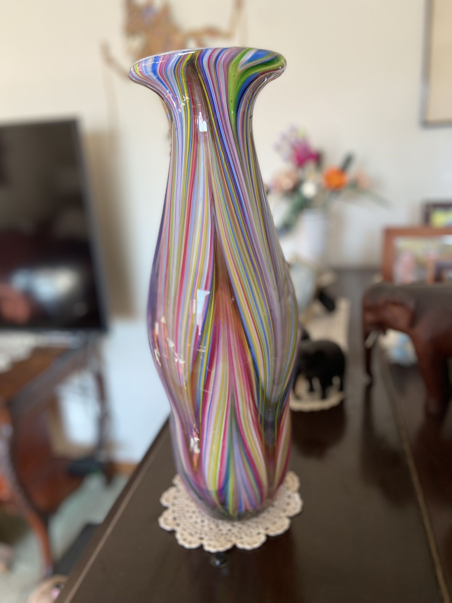 18” Mid-century Vintage Mutli-colored Striped Studio Art Glass Vase
