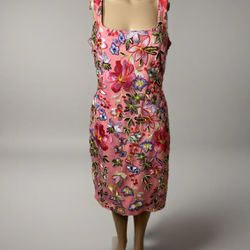 Nicole Miller pink Floral fitted exposed zipper Embroidered Sheath Dress, 8