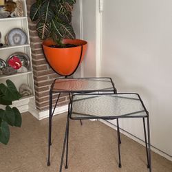 Vintage 1950s Mid-Century Modern Side Tables – Plant Stands Wrought Iron & Glass