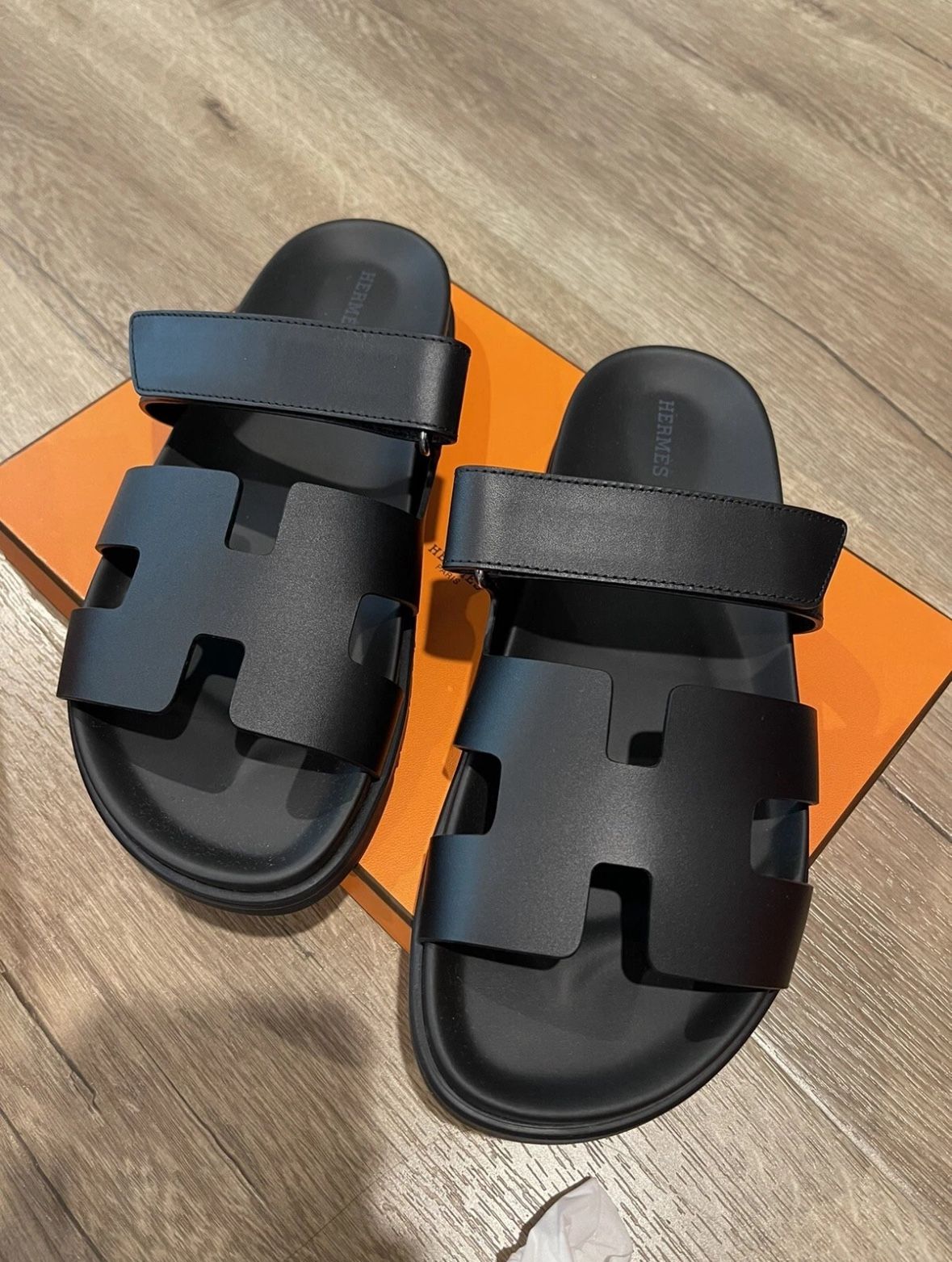 Hermes Chypre Sandals Noir Calfskin Leather
