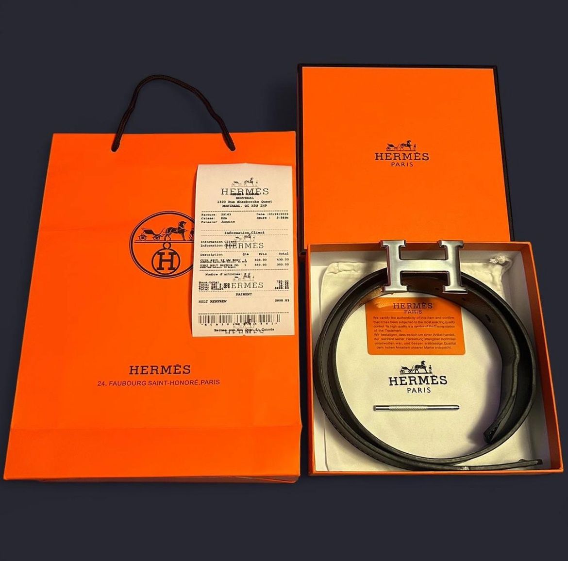 Hermès Silver “H” Buckle Belt w/ Black Leather