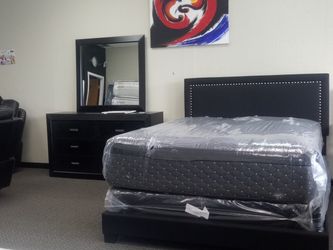 QUEEN HEADBOARD, DRESSER W/MIRROR, QUEEN MATT & BOX