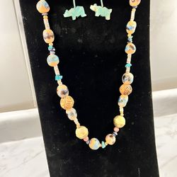 Hand Made Beaded Necklace And Carved turquoise earrings