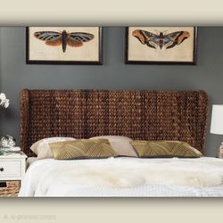 Boho Nadine Brown Water Haycinth Seagrass  Wicker Winged Headboard -
Queen 🌾💛✨️