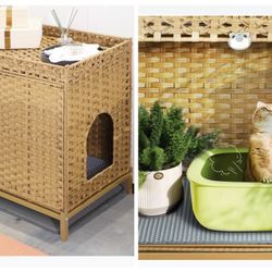 KUREEISE Cat Litter Box Enclosure; Cat Litter Box Enclosure Furniture with Cat Litter Mat;Handwoven Rattan Cat House with Metal Heightened Feet;30.3×1