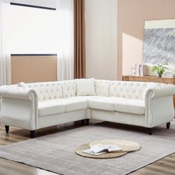 Modern Style Chesterfield White Microfiber Sectional Couch 