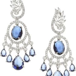 Rhodium-Plated American Diamond Studded Oval & Leaf Shaped Drop Earrings For Girls and Women