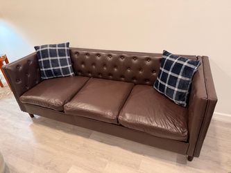 Brown Faux Leather Tufted 3-Seat Sofa