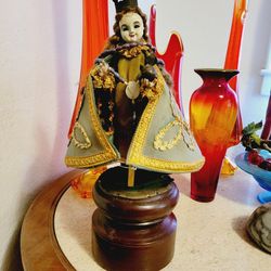 Antique Infant Of Prague Santo Nino Doll Statue on Wood Carved Base Glass Eyes Wool Hair