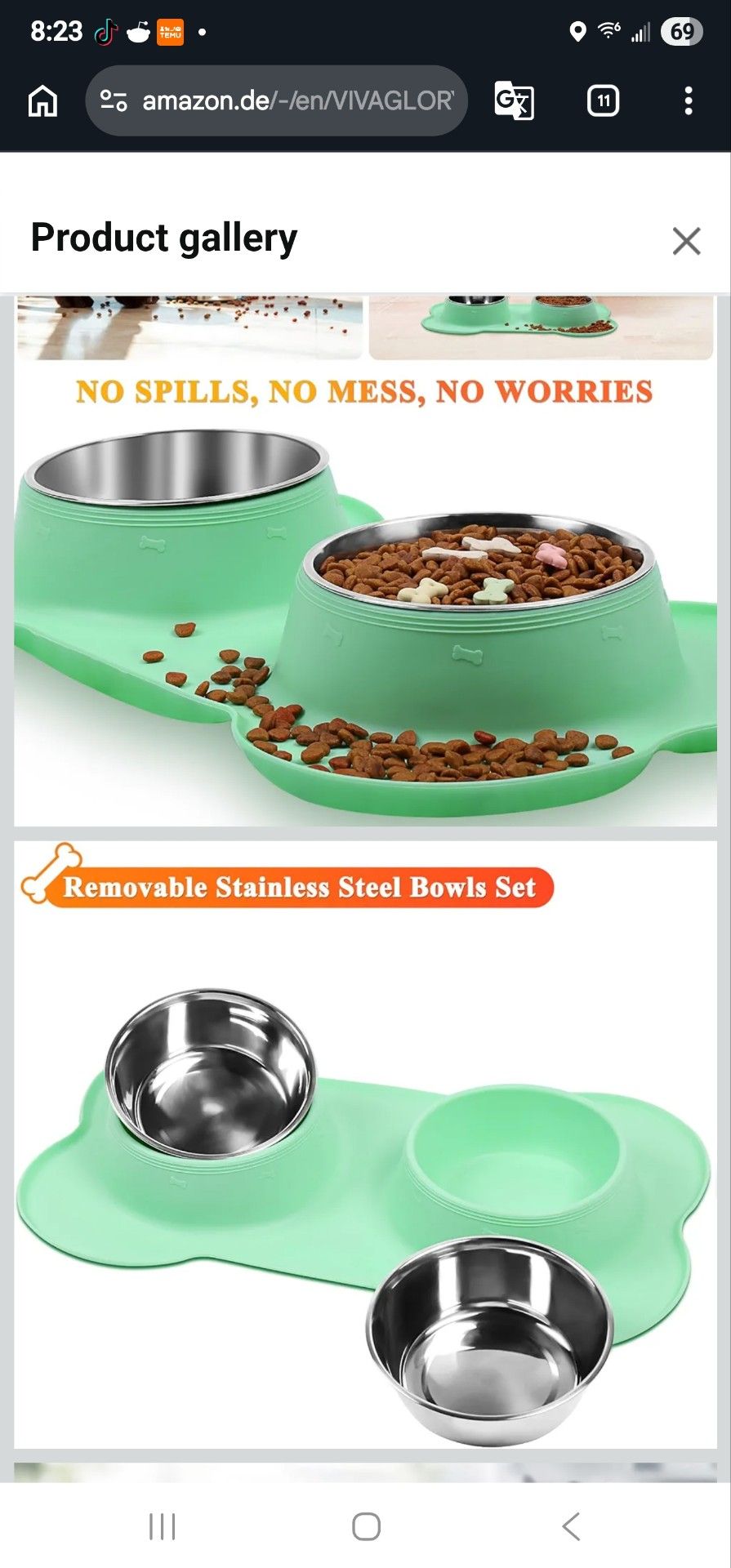 VIVAGLORY Store 4.5 (16,050) VIVAGLORY Dog Bowl Food Bowl Feed Water Bowl Stainless Steel Double Bowl with No Mess Non-Slip Silicone Tray Mat, Mint Gr