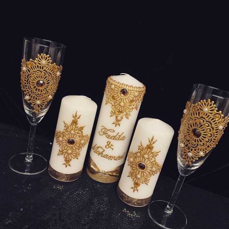 Personalized Decorative candles and wine glasses set custom made on order