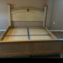 White Dresser with Mirror and Marble Top And King Size Bed Frame Set  Traditional dresser with attached mirror, marble-style top surface, and 6 draw 