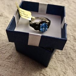 Electric Blue Topaz Ring With Thai Black Spinel Ring In PlatinumOverlay Sterling Silver