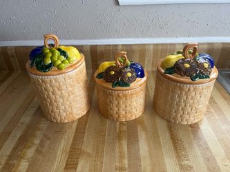 70's-style Hand-Painted Ceramic Canister Set (3)Basketweave