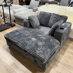 58 Inch Chaise Lounge Indoor, Plush Sleeper Chair with Throw Pillows, Upholstered Sofa Bed with Armrests, Plush Chair Bed for Living Room(Grey)