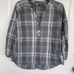 Prana Women's Tops Prana Elena Top Gray/Gravel Plaid Raglan 3/4 Sleeve Size S