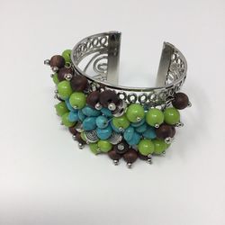 Silver Tone Wide Cuff Bracelet With Faux Turquoise Green Brown & Silver Beads