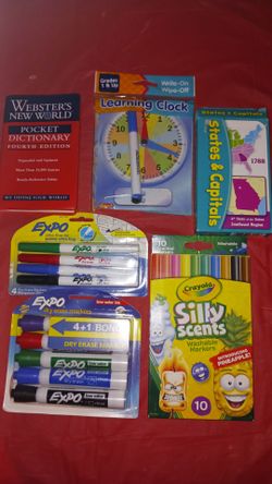 Dictionary,learning clock, flash cards, expo markers etc $5 each
