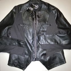 BE BY Blanc Noir Black Faux Leather Stretch Cotton Jacket zipper Large