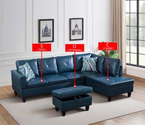 Dark  Blue Faux Leather 3-Piece Couch Living Room Sofa Set