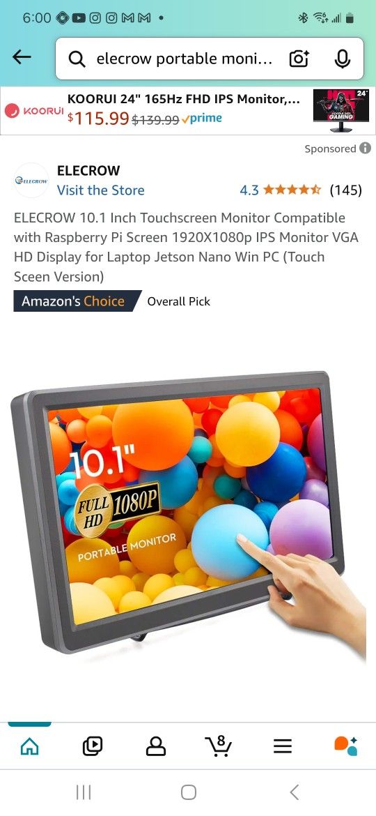 ELECROW 10.1 Inch Touchscreen Monitor Compatible with Raspberry Pi Screen 1920X1080p IPS Monitor VGA HD Display for Laptop Jetson Nano Win PC (Touch S