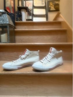 Prada Men’s Linea Rossa Red Tab Leather Hi-top Sneakers (White, 10US)