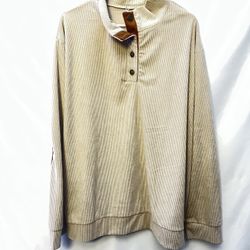 Beige Henley Pullover With Button Neck 