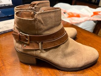 Women's Tan Suede Ankle Boots with Buckle Straps