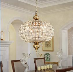 New 16.5" Modern 4-Light Round Crystal Pendant Light Antique Globe Chandelier Adjustable Dimmable 