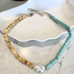 Amber Heishi Turquoise Baroque Pearl Necklace Gold Tone Handmade