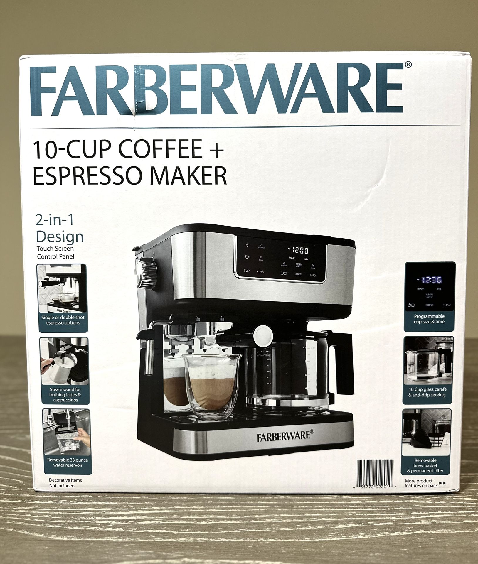 Farberware Dual Brew, 10 Cup Coffee + Espresso, Black and Stainless Finish, Touchscreen Display, New