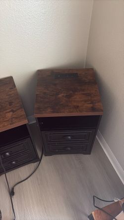two wooden nightstands