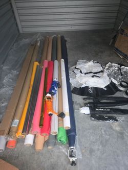 Huge Studio Backdrop Lot – 10+ Seamless Paper Rolls, backdrop frame, Godox Umbrella, Mounts & Modifiers, soundproofing