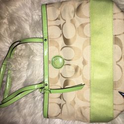  Tan and lime green coach tote bag with authenticity proof