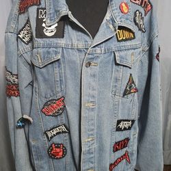 Men's Custom Denim Jacket With Metal Band Patches - Size XL