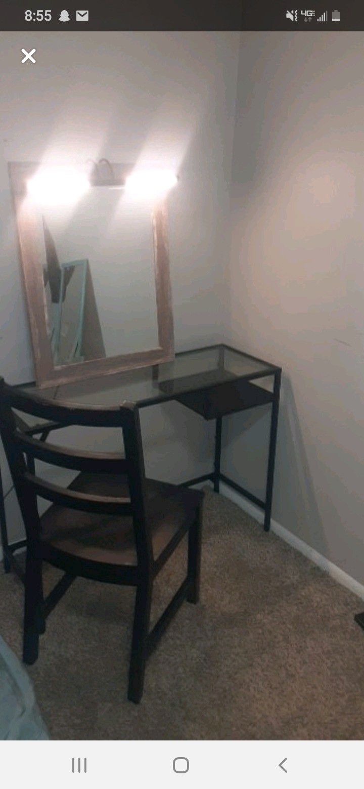 Glass vanity w/mirror light and chair