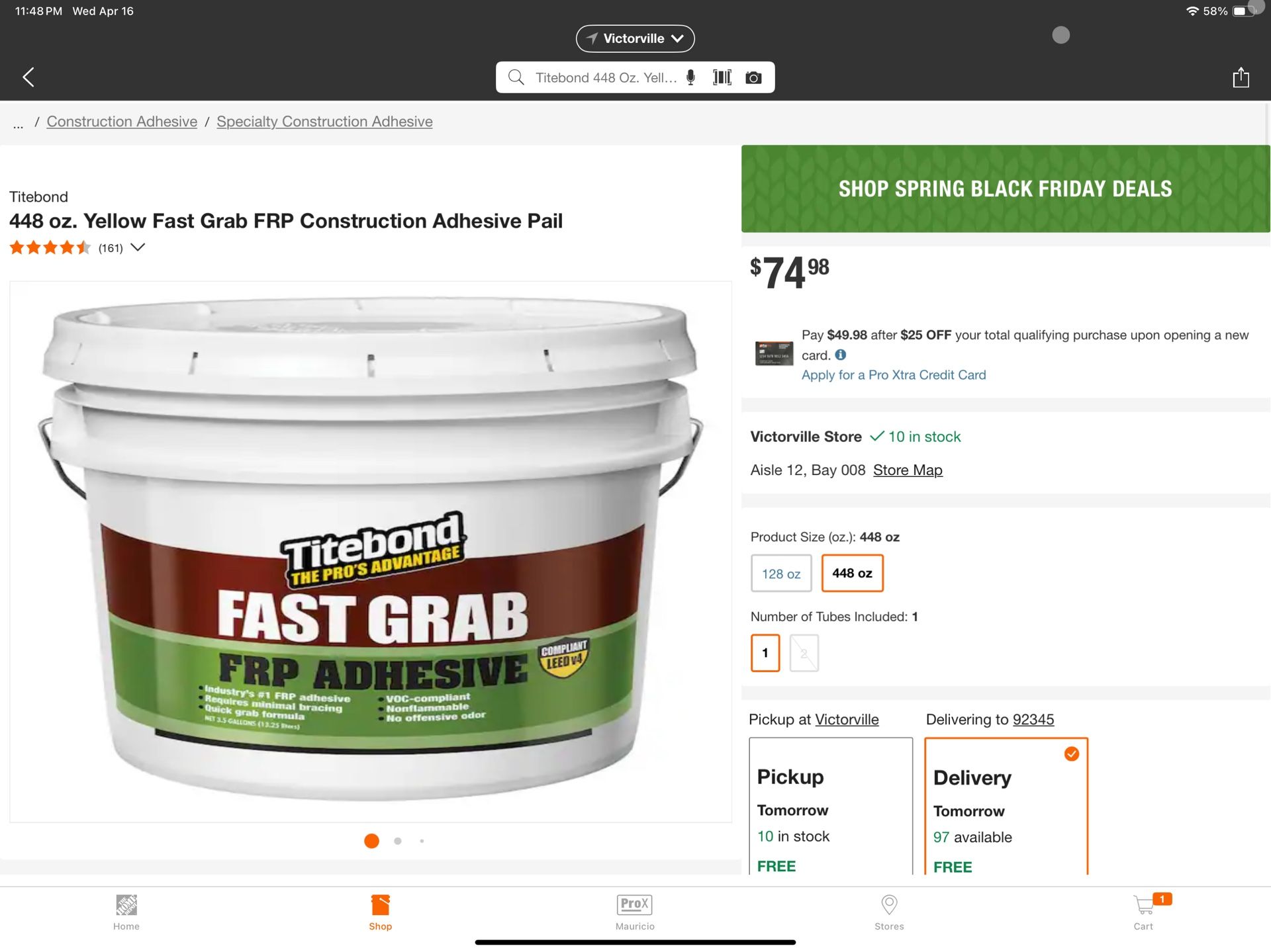 Titebond 448 oz. Yellow Fast Grab FRP Construction Adhesive Pail. Use In Anything Vinyl Or Wood Only $69 No Tax Por Bucket Price Firme