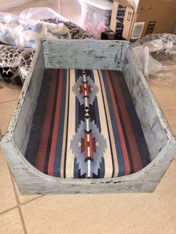 Custom made hand painted wood dog bed