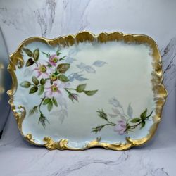 T&V France Limoges Antique 1900’s Dogwood Flowers Gold Trim Mint Platter Tray